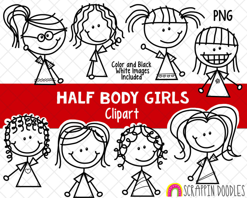 Half Body Clipart - Doodle Girls Clipart - Upper Body Girl Clipart - Hand Drawn PNG