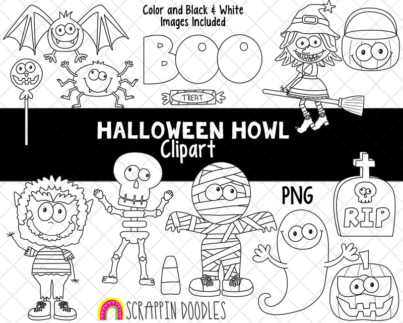 Halloween Howl Clip Art - Halloween Graphics - Werewolf Clipart - Mummy Clipart - Vampire Bat - Tombstone - Witch - Halloween Candy - PNG