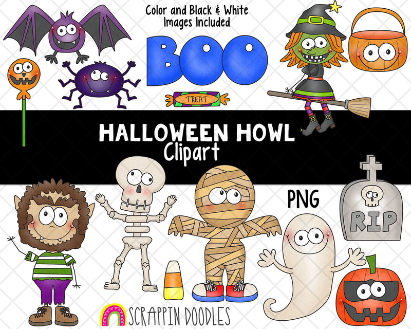 Halloween Howl Clip Art - Halloween Graphics - Werewolf Clipart - Mummy Clipart - Vampire Bat - Tombstone - Witch - Halloween Candy - PNG