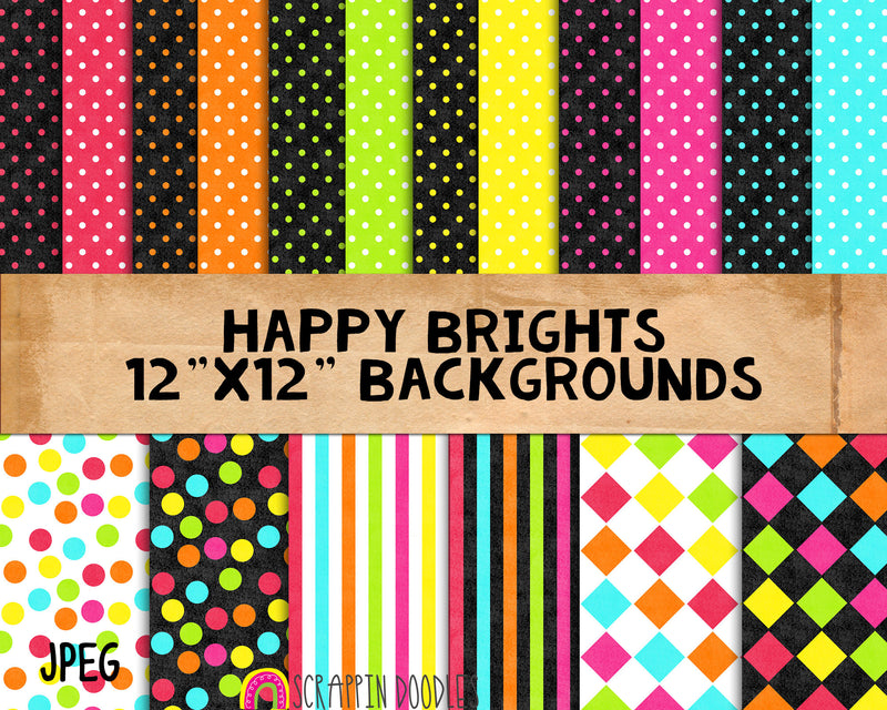 Happy Brights Backgrounds - 18 Commercial Use Bright Digital Papers - 12 x 12 Yellow Pink Blue Background Patterns - JPEG