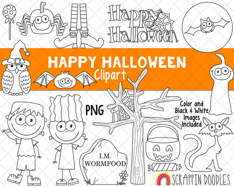 Happy Halloween Clip Art - Halloween Graphics - Spooky Tree Clipart - Ghost - Full Moon - Frankenstein - Graveyard - Witch Feet Clipart