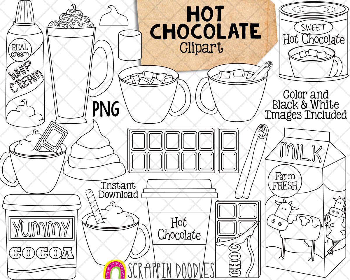Hot Chocolate ClipArt - Cocoa Clip Art - Whip Cream - Chocolate Bar - Milk Carton - Commercial Use PNG Sublimation