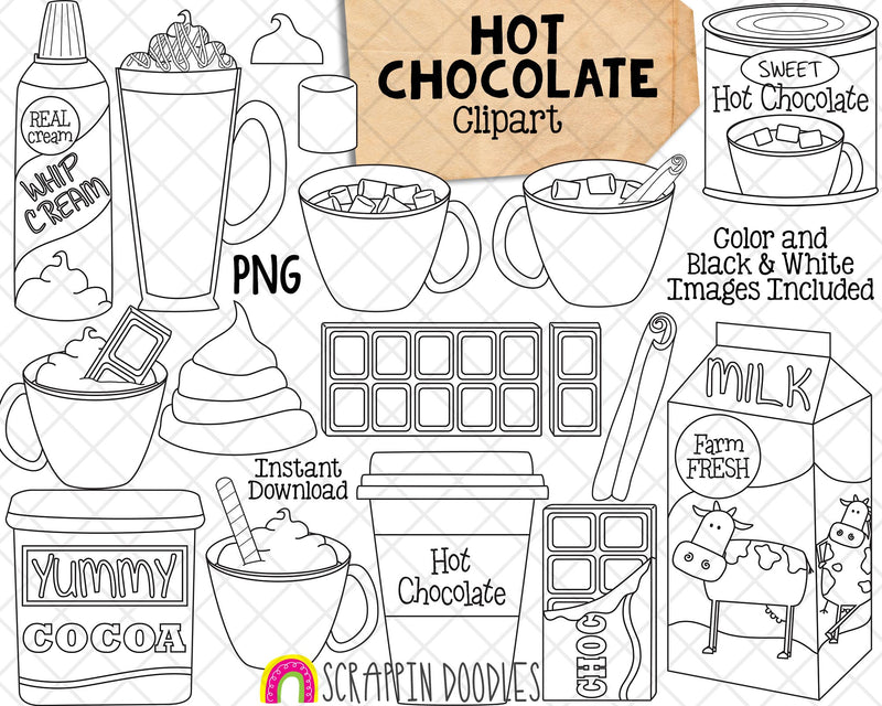Hot Chocolate ClipArt - Cocoa Clip Art - Whip Cream - Chocolate Bar - Milk Carton - Commercial Use PNG Sublimation