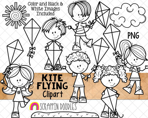 Kite Flying ClipArt - Kids Flying Kites Clip Art - Cloud - Sun - Summer - Commercial Use PNG Clip Art