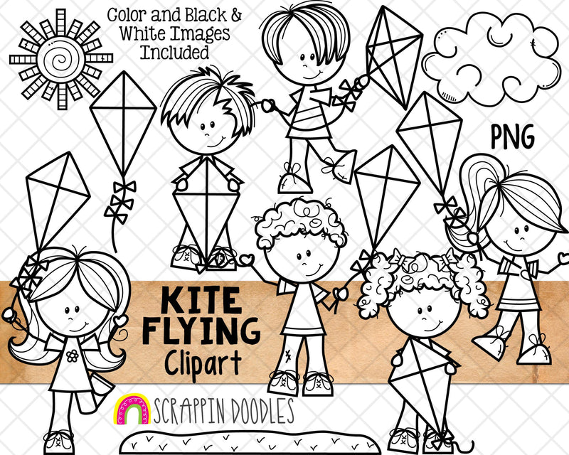 Kite Flying ClipArt - Kids Flying Kites Clip Art - Cloud - Sun - Summer - Commercial Use PNG Clip Art