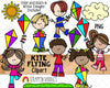 Kite Flying ClipArt - Kids Flying Kites Clip Art - Cloud - Sun - Summer - Commercial Use PNG Clip Art