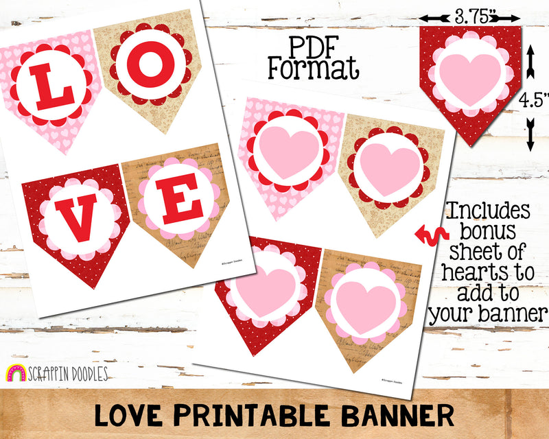 LOVE Printable Banner - Valentines Day Printable Bunting - Valentine Paper Craft