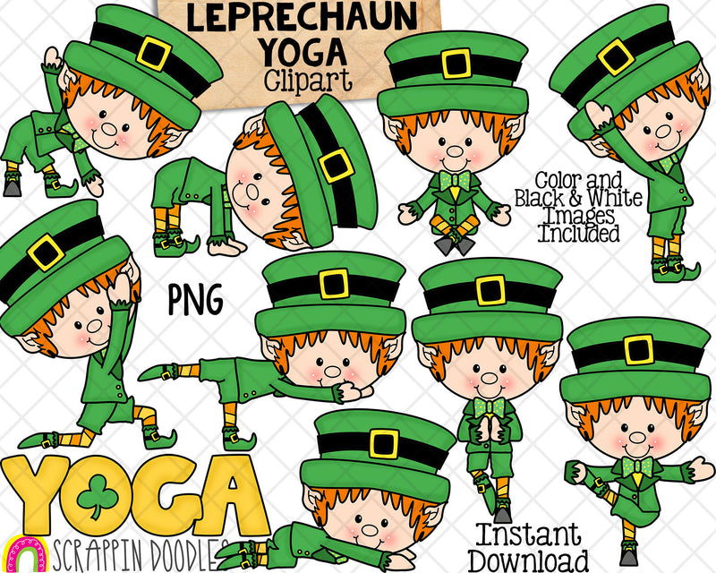 Leprechaun Yoga Clip Art - St Patricks Day Stretching Clipart - Yoga Poses - Commercial Use PNG Sublimation