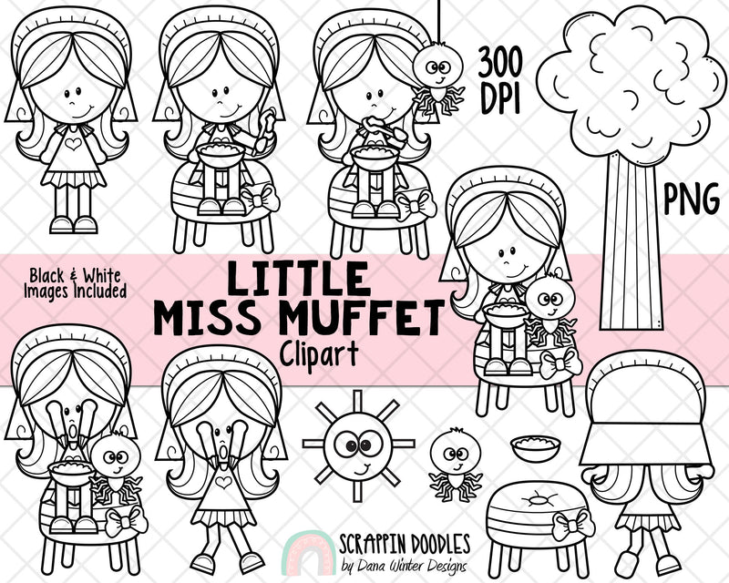 Little Miss Muffet Clip Art - Nursery Rhyme ClipArt - Kids Story ClipArt - Fairy Tale Graphics - Children's Stories - Story time 