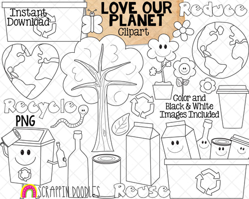 Love Our Planet Clipart - Earth Day - Environment - Recycling - Reduce Reuse Recycle Graphics - Eco Friendly PNG