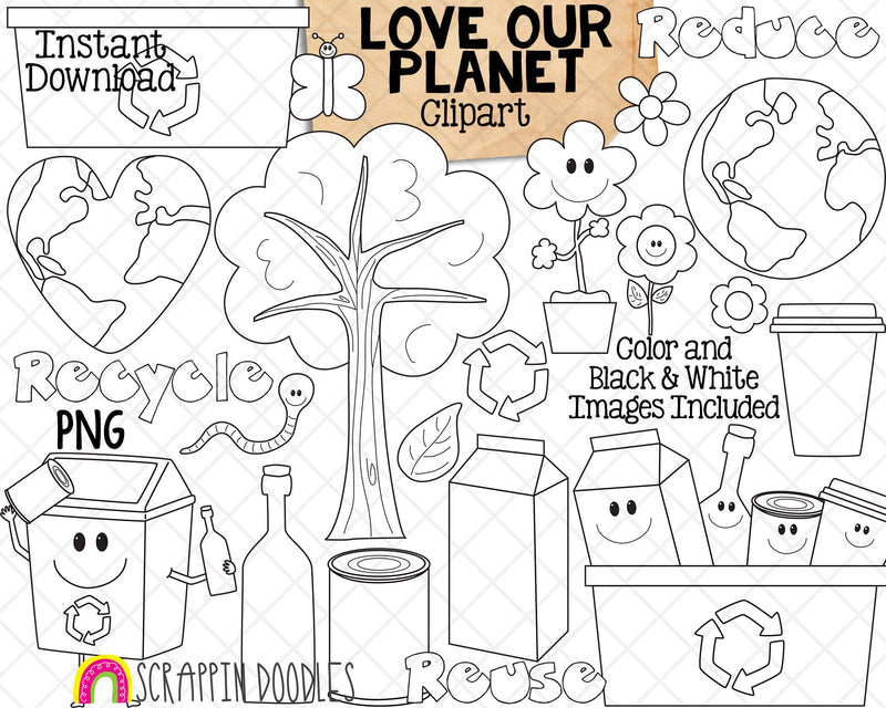 Love Our Planet Clipart - Earth Day - Environment - Recycling - Reduce Reuse Recycle Graphics - Eco Friendly PNG