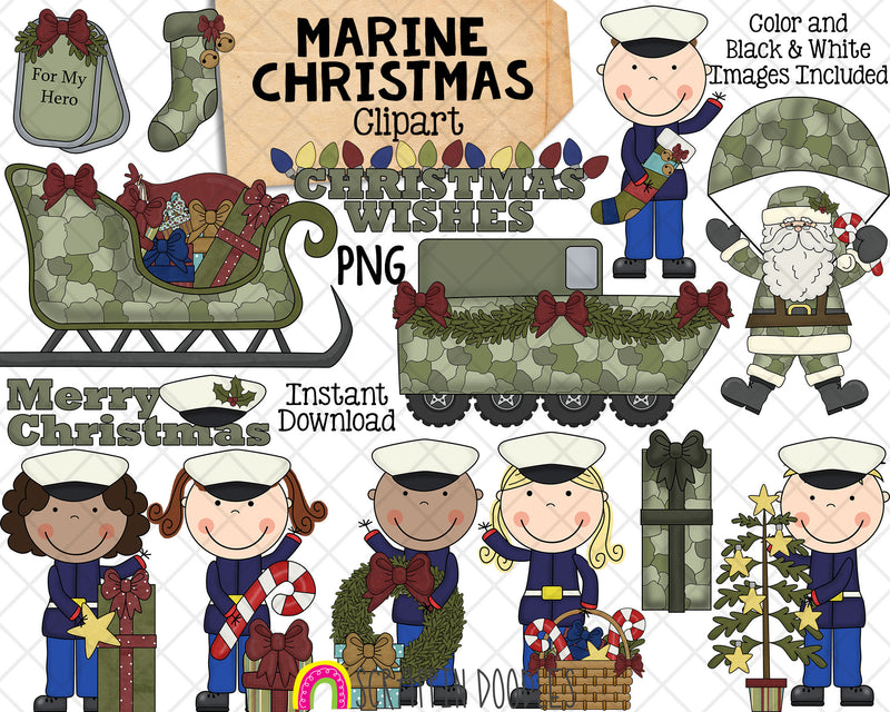 Christmas Marines ClipArt - Marine Santa Claus Parachute - Camo Stocking - Christmas Army Graphics - Commercial Use PNG - Sublimation