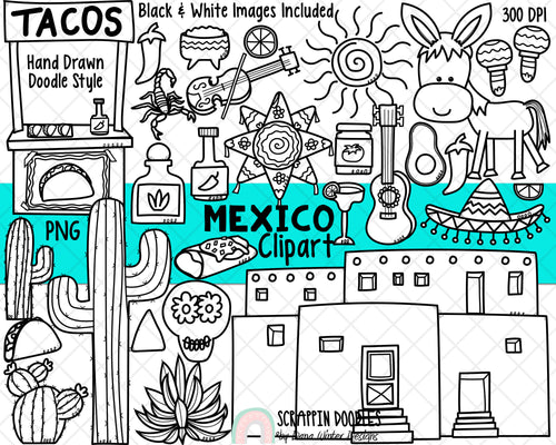 Mexico ClipArt - Cinco de Mayo ClipArt - Burro ClipArt - Sombrero - Adobe House ClipArt - Pinata - Maracas - Hand Drawn Doodle Style