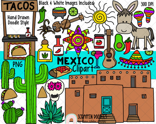 Mexico ClipArt - Cinco de Mayo ClipArt - Burro ClipArt - Sombrero - Adobe House ClipArt - Pinata - Maracas - Hand Drawn Doodle Style