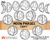 Moon Phases Clipart - Moon Clip Art - New Moon Graphics - Full Moon - Waxing Crescent - Waning Gibbous - Sublimation - Hand Drawn PNG