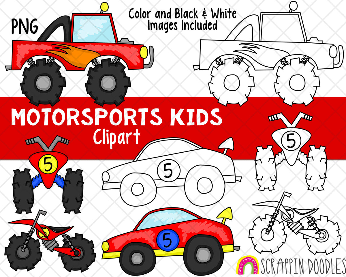 MotorSports Kids ClipArt - Monster Truck Clipart - Dirt Bike Clipart - Racing Kids - ATV Graphics - Off Road Vehicles - Hand Drawn PNG