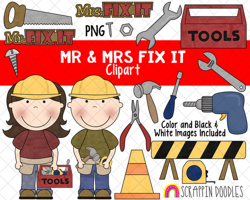 Construction ClipArt - Mr and Mrs Fix It Clipart - Tools Clipart - Construction Worker Clipart - Instant Download - Hand Drawn PNG