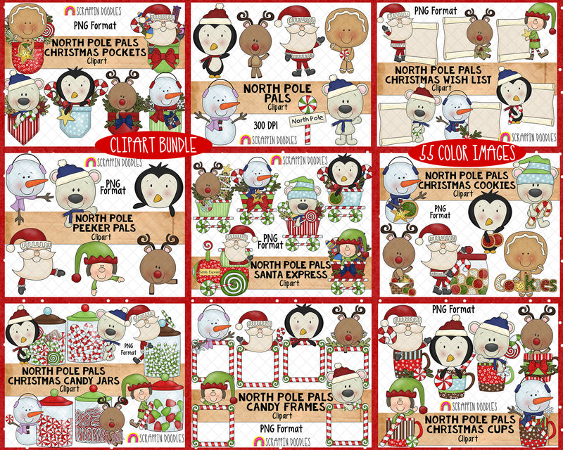 North Pole Pals Clipart BUNDLE - Christmas Clipart Bundle- Instant Download - Hand Drawn PNG