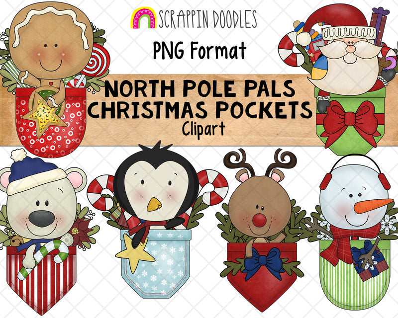 North Pole Pals Clipart - Christmas Pockets Clipart - Instant Download