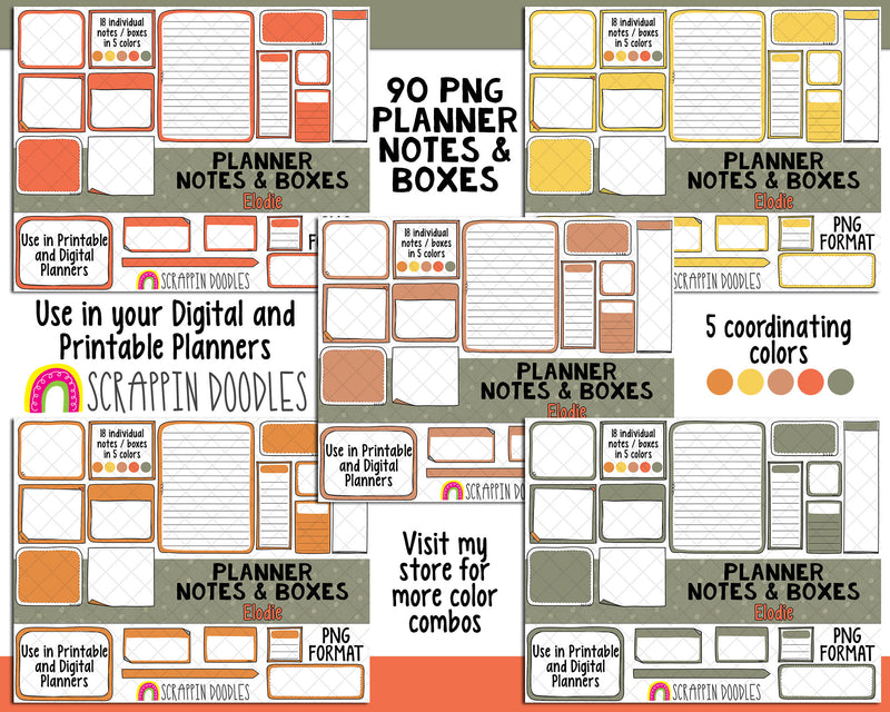 Planner Notes & Boxes - Elodie - Planner Templates - Digital Planner Templates - Planners Frames and Borders - Hand Drawn PNG