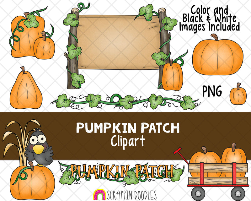 Pumpkin Patch Clipart - Fall Autumn Clipart - Fall Farm Clipart - Pumpkin Vine - Wagon - Pumpkins Clipart- Hand Drawn