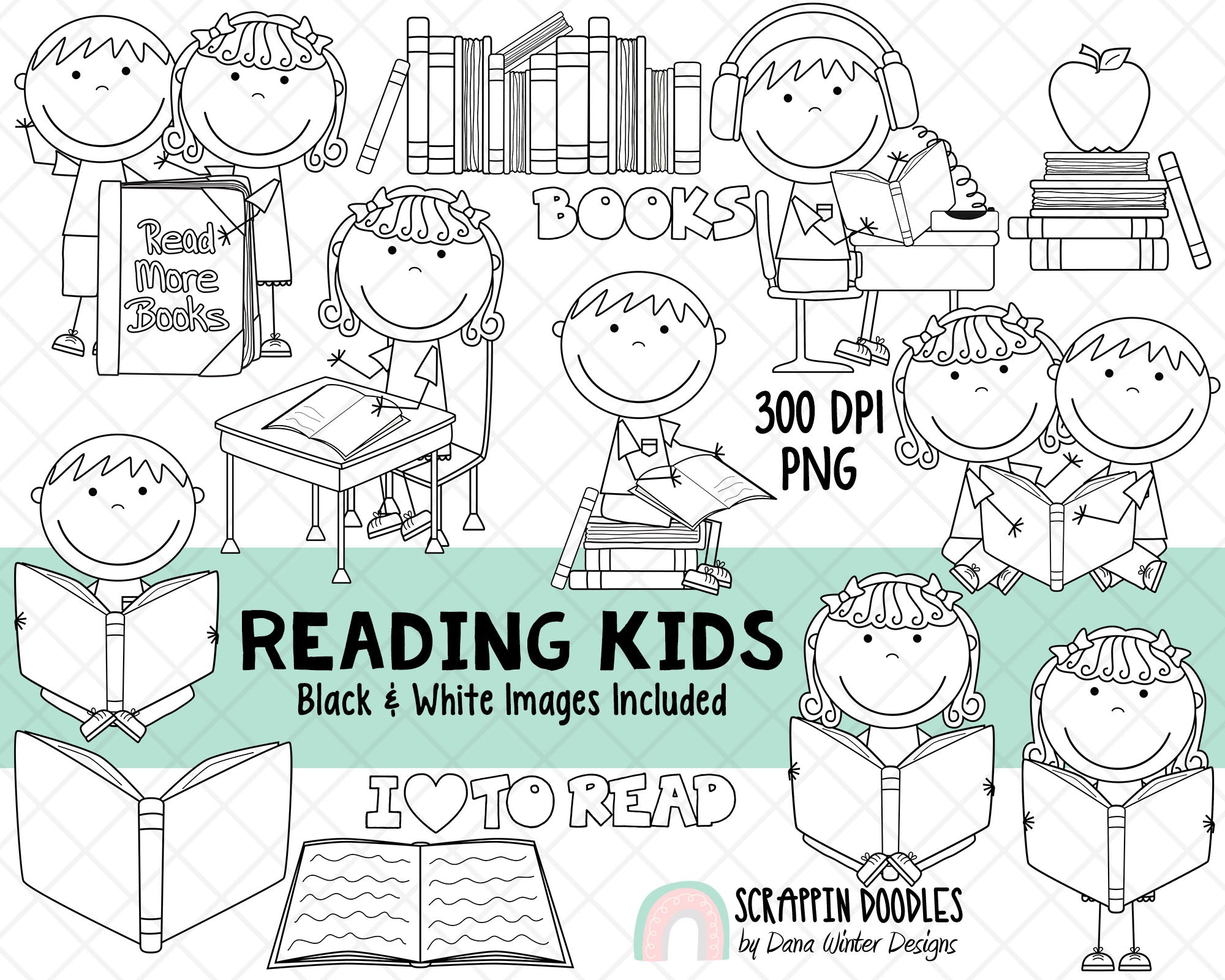 Kids Reading Clip Art Black And White