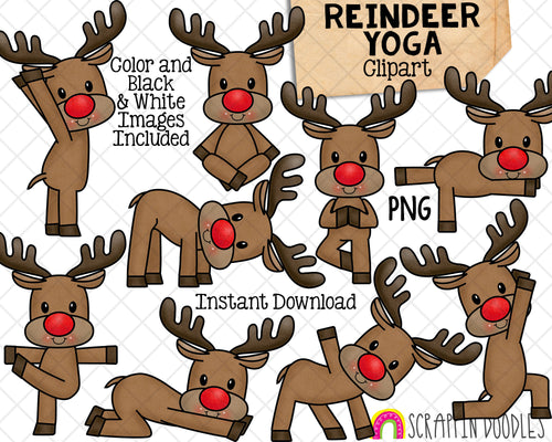 Reindeer Yoga Clip Art - Christmas Rudolph Stretching Clipart - Yoga Pose PNG Graphics
