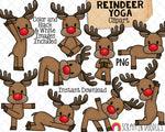 Reindeer Yoga Clip Art - Christmas Rudolph Stretching Clipart - Yoga Poses - Commercial Use PNG Sublimation