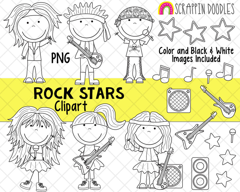 Rock Star ClipArt - Musician Clipart - Rock Band Clipart - Guitar Clipart - Instant Download - Hand Drawn PNG