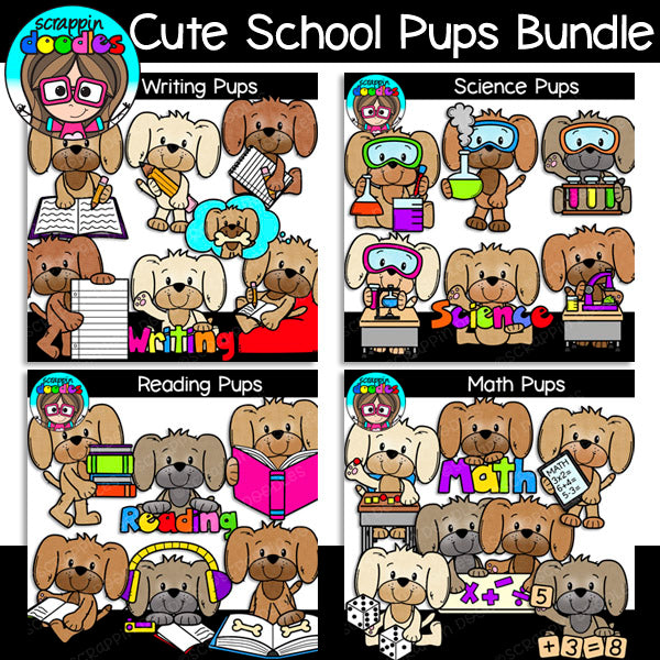 Cute School Pups Clipart Bundle