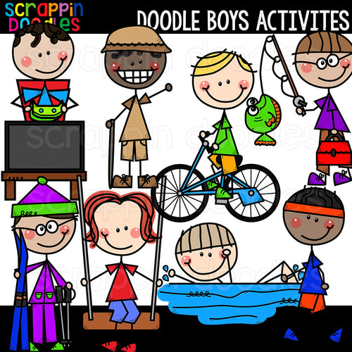 Doodle Boys Activities Clip Art Commercial use hiking cycling fishing skiing swimming running