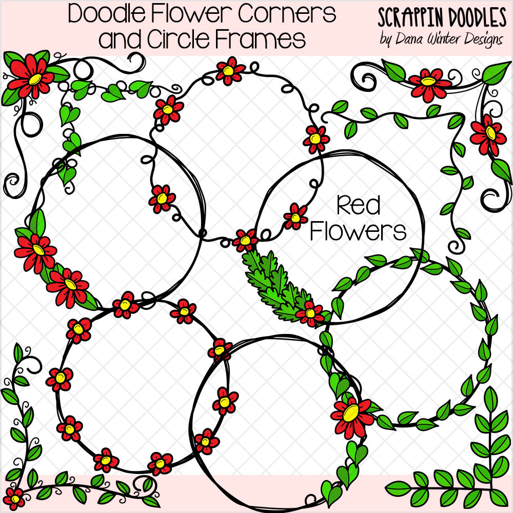Doodle Flower Corners & Circle Frames Clip Art