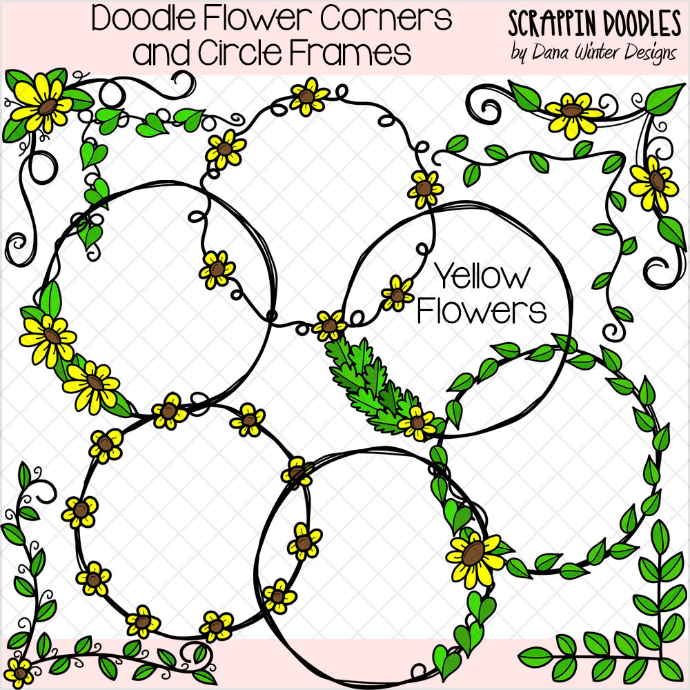 Doodle Flower Corners & Circle Frames Clip Art