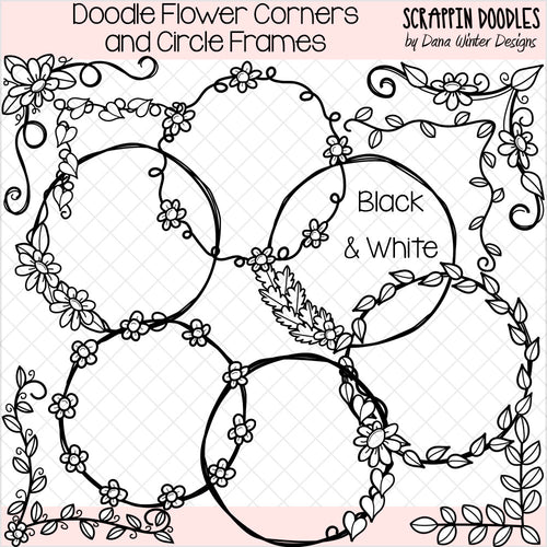 Doodle Flower Corners & Circle Frames Clip Art