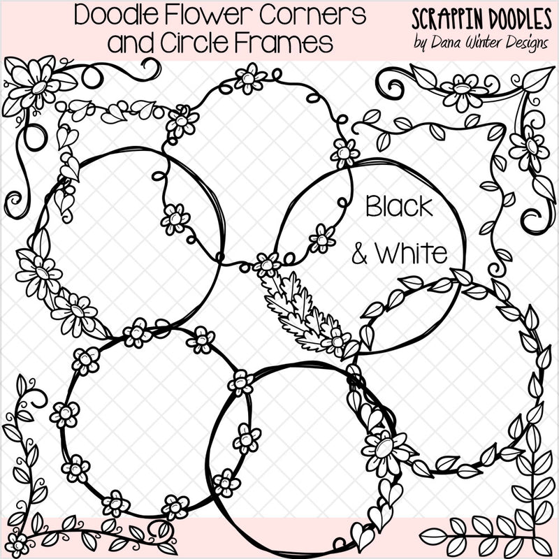 Doodle Flower Corners & Circle Frames Clip Art