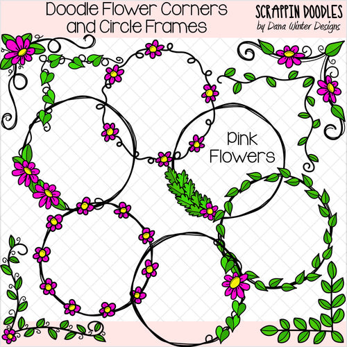 Doodle Flower Corners & Circle Frames Clip Art