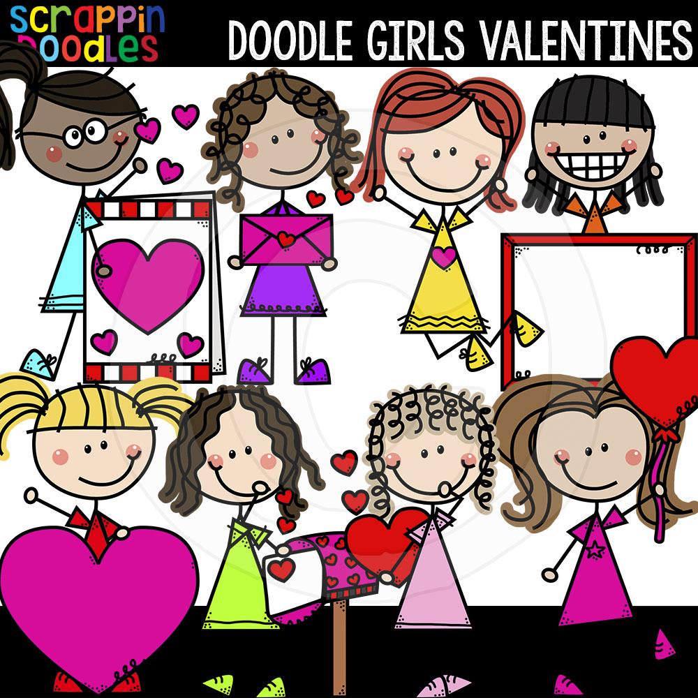 Doodle Girls Valentines Clip Art Kids Commercial Use