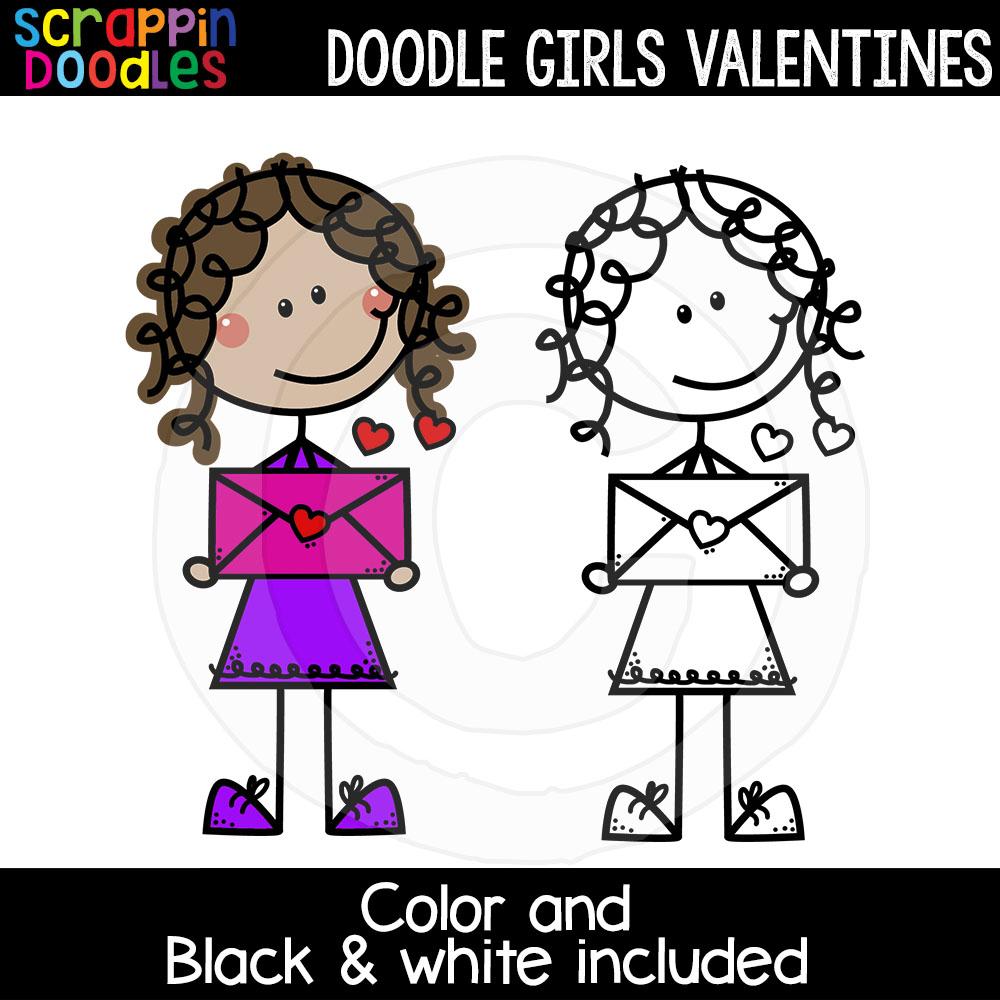 Doodle Girls Valentines Clip Art Kids Commercial Use