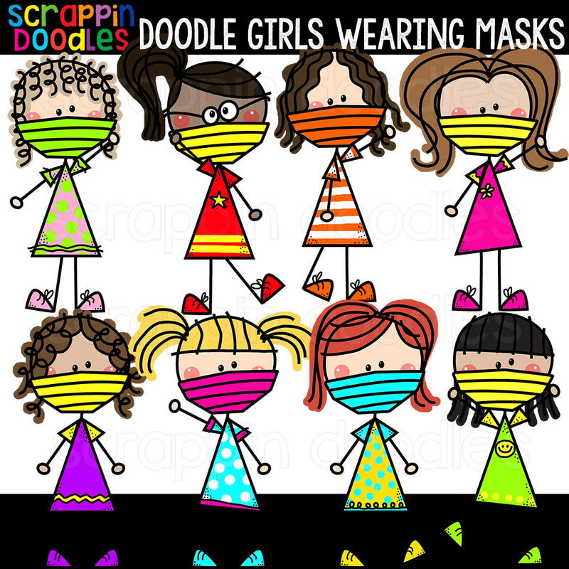 Doodle Girls Wearing Masks Clip Art