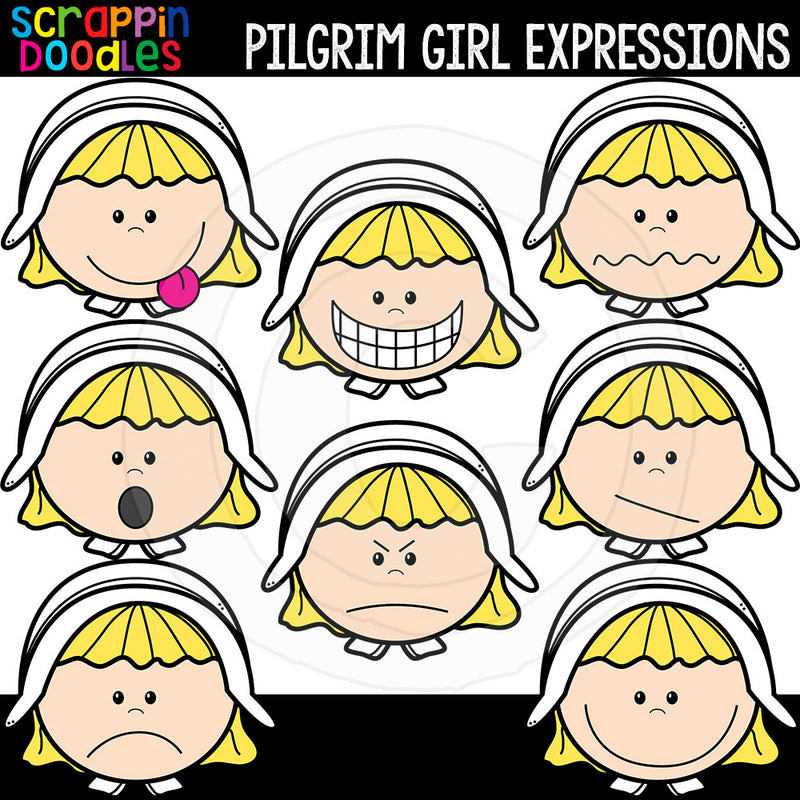 Pilgrim Girl Expressions Thanksgiving Clip Art