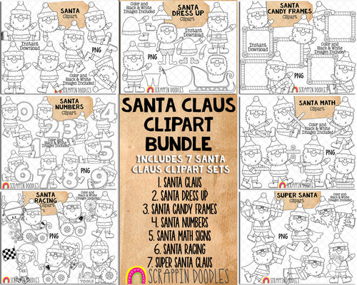 Santa Claus ClipArt Bundle - Cute Christmas Santas - Math Clip Art - Frames - Numbers - Commercial Use PNG