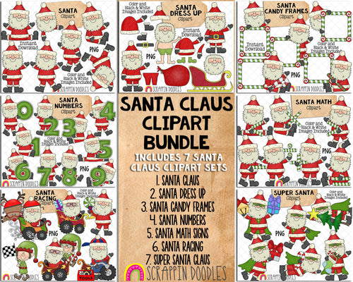 Santa Claus ClipArt Bundle - Cute Christmas Santas - Math Clip Art - Frames - Numbers - Commercial Use PNG