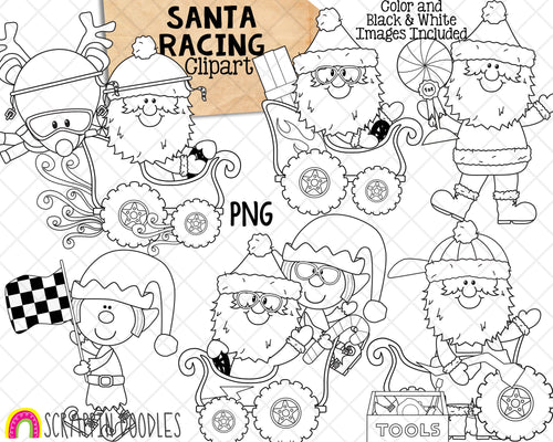 Santa Claus Racing ClipArt - Christmas Race Cars Clip Art - Reindeer Racer - Hand Drawn Sublimation PNG - Included 12 images Transparent 300 DPI PNG - Commercial Use Allowed