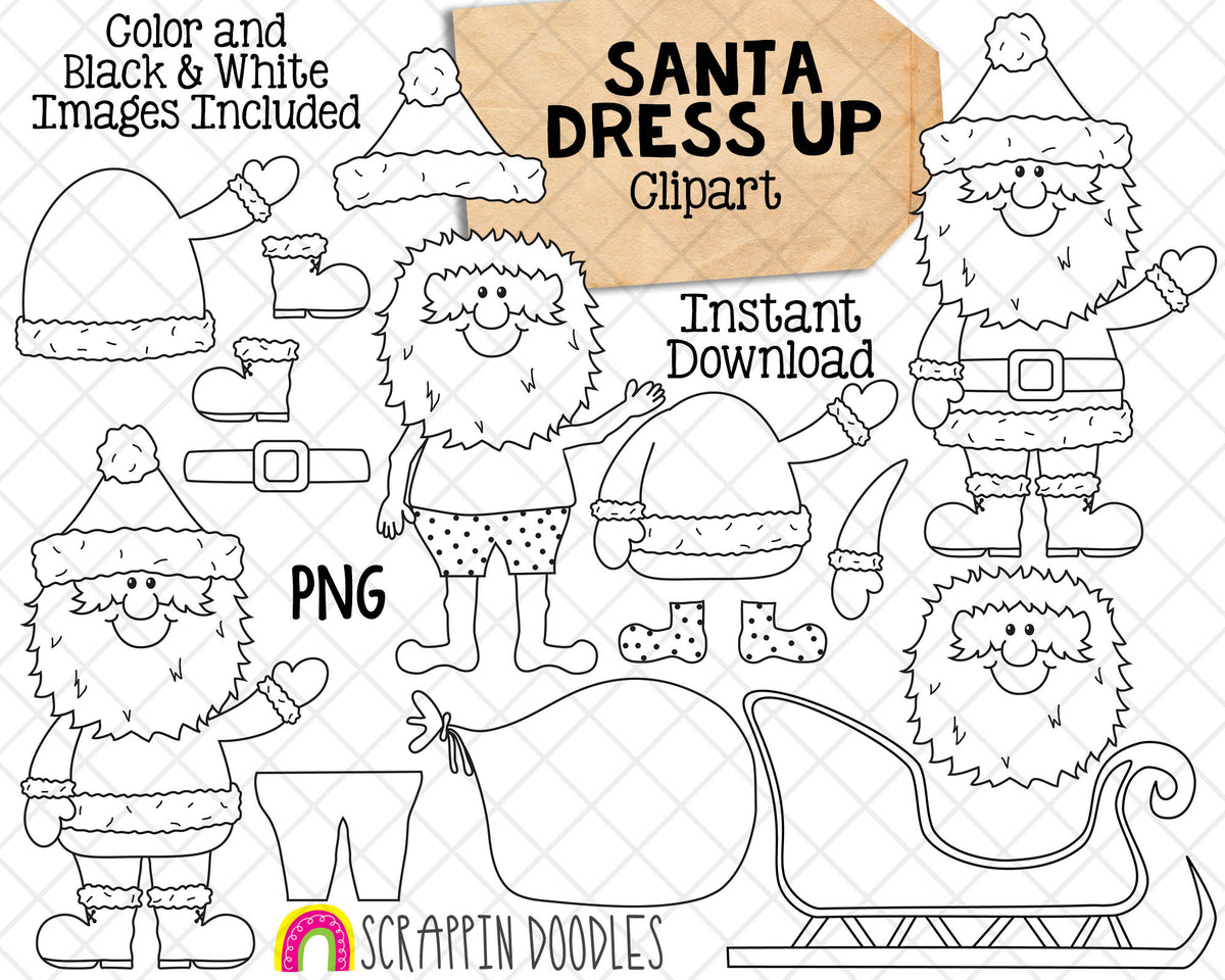 Santa Claus Dress Up ClipArt - Create a Santa Clip Art - Paper Doll - Santa's Sleigh - Instant Download - Hand Drawn PNG