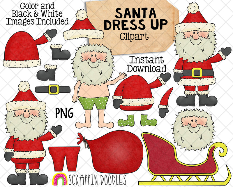 Santa Claus Dress Up ClipArt - Create a Santa Clip Art - Paper Doll - Santa's Sleigh - Instant Download - Hand Drawn PNG