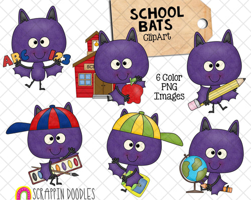 School Bats ClipArt - Fall Bat Clipart - Vampire Bats - Commercial Use PNG - Included 1 ZIP file- 6 ClipArt images - Color only- PNG Format- Commercial Use Allowed