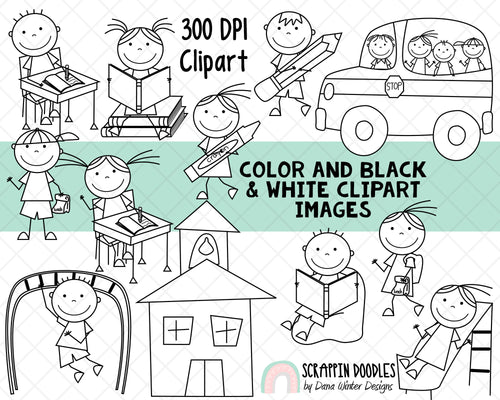 School Stick Kids Clip Art - School Children - Elementary School Students - Kids Playing - School Bus -Recess Sublimation Graphics 