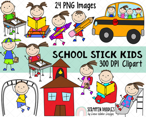School Stick Kids Clip Art - School Children - Elementary School Students - Kids Playing - School Bus -Recess Sublimation Graphics 