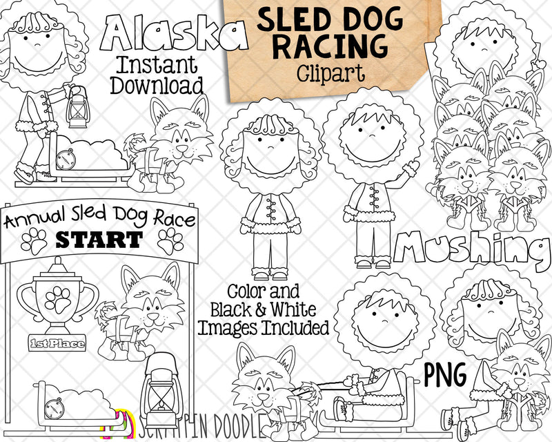 Sled Dog Racing Clipart - Alaska Iditarod Race Graphics - Trail Mushers - Husky Dog - Commercial Use PNG