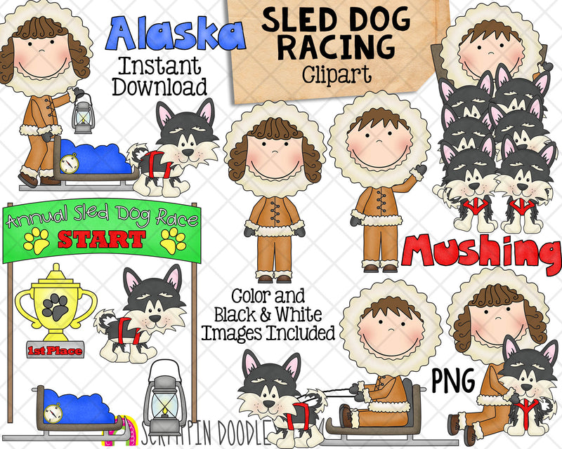 Sled Dog Racing Clipart - Alaska Iditarod Race Graphics - Trail Mushers - Husky Dog - Commercial Use PNG